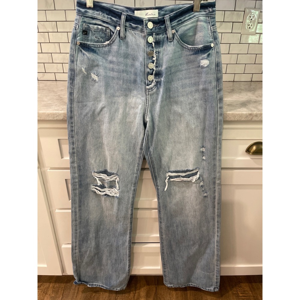 KanCan‎ Jeans Womens 27 Light Wash Distressed High Rise Button Fly Straight Leg